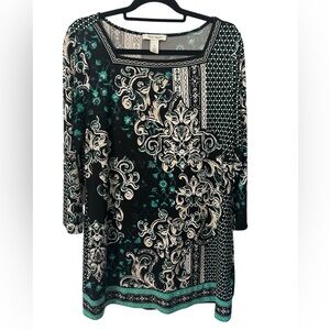 White House Black Market Black Teal Baroque Print Blouse Square Neck 3/4 Sleeve